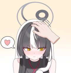  1girl 1other averting_eyes azami_(blue_archive) black_hair black_kimono blue_archive commentary gradient_background grey_background grey_halo halo headpat heart highres japanese_clothes kimono kirishima_raki light_blush long_hair motion_lines multicolored_hair portrait pov pov_hands sideways_glance simple_background sleeveless sleeveless_kimono slit_pupils snake snake_hair solo_focus speech_bubble spoken_heart two-tone_hair white_hair white_snake yellow_background yellow_eyes 