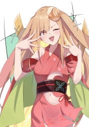  1girl absurdres animal_ears blonde_hair blush brown_eyes cho_kaguya-hime! commentary_request crescent crescent_hair_ornament floppy_ears hair_ornament highres japanese_clothes kaguya_(cho_kaguya-hime!) kaguya_(tsukuyomi)_(cho_kaguya-hime!) kimono long_hair lop_rabbit_ears one_eye_closed open_mouth pandoa_(mikage0495) rabbit_ears red_kimono smile solo teeth upper_teeth_only 