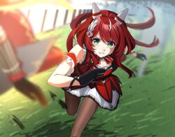  2girls absurdres animal_ears black_pantyhose breasts cape clenched_teeth dress ear_covers feather_hair_ornament feathers gem gloves green_eyes green_gem hair_between_eyes hair_ornament highres horse_ears horse_girl horse_tail long_hair low_twintails multiple_girls nemu_(46_2367teimei) open_mouth orfevre_(control)_(umamusume) orfevre_(umamusume) outdoors pantyhose red_cape red_dress red_hair running small_breasts solo_focus sweat tail teeth twintails umamusume win_variation_(dramatic_tutu)_(umamusume) win_variation_(umamusume) 