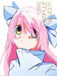 1girl 8k6pxaqa0b42181 bow closed_mouth commentary_request dress expressionless hair_bow highres kaname_madoka long_hair magical_girl mahou_shoujo_madoka_magica mahou_shoujo_madoka_magica:_walpurgis_no_kaiten pink_hair simple_background solo ultimate_madoka white_background yellow_eyes