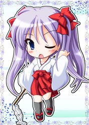  1girl blue_eyes bow chibi chibi_only commentary_request gohei hair_bow hiiragi_kagami holding holding_gohei japanese_clothes lucky_star miko one_eye_closed purple_hair sandals solo taiga_joe twintails 