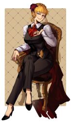  1girl beatrice_(umineko) black_pants black_vest blonde_hair blue_eyes blunt_bangs border braid braided_bun chair commentary crossed_legs flower forgo11en hair_bun hair_ornament high_heels highres long_sleeves looking_at_viewer pants rose shirt sitting smile solo umineko_no_naku_koro_ni vest white_border white_shirt 