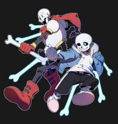  2023 2boys 2d aqua_outline armor black_background black_shorts blue_jacket blue_shorts bone boots brothers cape digital_media drawstring duo fighting_stance full_body gloves grey_hood height_difference hollow_eyes hood hood_down hooded_jacket humanoid jacket long_sleeves male male_focus male_only miya31 monster monster_boy multiple_boys open_clothes open_jacket outline papyrus_(undertale) pink_slippers red_boots red_cape red_gloves sans_(undertale) shirt shorts siblings simple_background single_vertical_stripe skeleton slippers socks striped_clothes striped_shorts teeth undead undertale utdr_(toby_fox) vertical-striped_clothes vertical-striped_shorts white_armor white_shirt white_socks white_stripes yellow_trim 