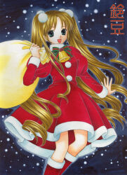  1girl artist_name bell boots bow bowtie brown_hair color_ink_(medium) dress feet_out_of_frame fur-trimmed_boots fur-trimmed_dress fur_trim green_bow green_bowtie green_eyes hair_ornament hand_up holding holding_sack juliet_sleeves long_hair long_sleeves looking_at_viewer neck_bell night open_mouth original pom_pom_(clothes) pom_pom_hair_ornament puffy_sleeves red_boots red_bow red_bowtie red_dress sack santa_costume santa_dress smile snowing solo striped_bow striped_bowtie striped_clothes suzumame traditional_media twintails two-tone_bow two-tone_bowtie very_long_hair 