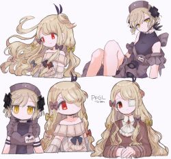  2girls blonde_hair bow butter_run closed_mouth commentary_request dress eyepatch frilled_dress frills grey_hair hair_ornament hat highres long_hair magical_girl mahou_shoujo_ikusei_keikaku mahou_shoujo_ikusei_keikaku_restart multiple_girls nurse_cap pfle pink_bow red_bow red_eyes shadowgale short_hair smile x_hair_ornament yellow_bow yellow_eyes 