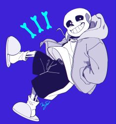  1boy 2023 2d black_shorts blue_jacket bone digital_media drawstring full_body grey_hood greyscale_with_colored_background hollow_eyes hood hood_down hooded_jacket humanoid jacket long_sleeves male male_focus miya31 monochrome monster monster_boy open_clothes open_jacket pink_slippers purple_background sans_(undertale) shirt shorts simple_background single_vertical_stripe skeleton slippers socks solo_focus striped_clothes striped_shorts teeth undead undertale utdr_(toby_fox) vertical-striped_clothes vertical-striped_shorts white_shirt white_socks white_stripes 