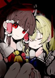  2girls ascot bare_shoulders black_vest blonde_hair blue_ascot blue_bow bow braid brown_hair carrying carrying_person closed_eyes commentary detached_sleeves frilled_bow frilled_hair_tubes frills hair_bow hair_tubes hakurei_reimu highres kirisame_marisa multiple_girls princess_carry puffy_sleeves red_bow red_eyes red_nails red_shirt shirt side_braid single_braid sleeveless sleeveless_shirt touhou vest yamutarou yellow_ascot yuri 