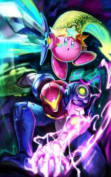  1boy 1girl absurdres arm_cannon colored_skin commentary company_connection crossover english_commentary fighting_stance glowing glowing_arm glowing_hand glowing_sword glowing_weapon green_assault_visor green_hat green_visor hat helmet highres kirby kirby_(series) kirby_and_the_world_beyond kneeling lrkriz metroid metroid_ravenous nintendo normal_suit_(metroid) pink_skin power_suit_(metroid) red_helmet samus_aran sword weapon 