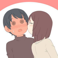  1boy 1girl black_hair blush breasts brown_hair brown_shirt closed_eyes commentary_request full-face_blush glasses hetero juukyuu kiss kissing_cheek medium_breasts nanako_(juukyuu) original profile red-framed_eyewear red_background semi-rimless_eyewear shirt shuu_(juukyuu) two-tone_background under-rim_eyewear upper_body white_background 
