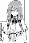  bow breasts capelet cleavage greyscale hair_bow hiroya_juuren large_breasts long_hair looking_down monochrome no_hat no_headwear patchouli_knowledge solo striped touhou tsurime 