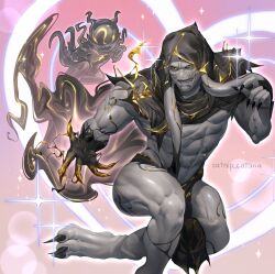  1boy abs alien artist_name catnip_cataria claws english_commentary fangs gorr_the_god_butcher grin heart highres looking_at_viewer marvel marvel_rivals muscular muscular_male smile symbiote 