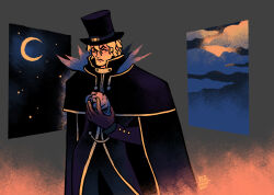  1boy blonde_hair cape closed_mouth clouds commentary crescent_moon dio_brando english_commentary feathered_cape feathers gold_trim hat high_collar highres holding holding_mask jojo_no_kimyou_na_bouken long_sleeves male_focus mask moon muted_colors neon_ufo phantom_blood short_hair solo solo_focus star_(sky) stone_mask_(jojo) top_hat 