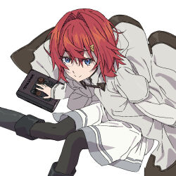  1girl ange_katrina anime_coloring black_pantyhose blue_eyes book boots closed_mouth coat commentary_request dress feet_out_of_frame grey_boots grey_coat hair_between_eyes hair_intakes hair_ornament hairclip hand_on_book jaggy_lines light_blush long_sleeves looking_at_viewer medium_hair nijisanji official_alternate_costume page_of_lambda pantyhose red_hair shinzou_(rikismash) short_dress simple_background smile solo split_mouth virtual_youtuber white_background white_dress 