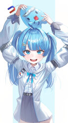  1girl absurdres ahoge arahashi_tabi belt belt_buckle black_belt blue_background blue_eyes blue_hair buckle ce_cil center_frills coat collared_shirt commentary_request compass cowboy_shot creature fingernails frilled_shirt frills grey_skirt hair_intakes hair_ornament hairclip heart heart_ahoge highres holding holding_creature korean_commentary long_hair long_sleeves looking_at_viewer miniskirt open_mouth parallel_hairclips pleated_skirt pungdangi_(arahashi_tabi) school_uniform shirt shirt_tucked_in skirt smile solo standing stellive straight_hair twintails two-tone_background v-shaped_eyebrows virtual_youtuber white_background white_coat white_shirt 