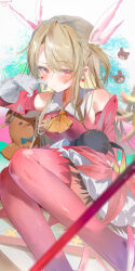  1girl absurdres blush chinese_commentary commentary_request dress earrings fate_(series) gloves highres illyasviel_von_einzbern jewelry koi_hh long_hair looking_at_viewer magical_girl pink_dress pink_eyes pink_thighhighs solo thigh-highs white_gloves white_hair 