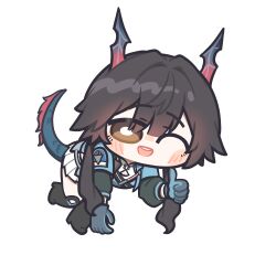  1girl :d ;d arknights arknights:_endfield black_boots black_hair blue_gloves blue_jacket boots brown_eyes chen_qianyu_(arknights) chibi chibi_only commentary dragon_girl dragon_horns dragon_tail eastern_dragon_horns eastern_dragon_tail english_commentary full_body gloves highres horns jacket long_sleeves looking_at_viewer miniskirt one_eye_closed open_clothes open_jacket open_mouth pleated_skirt reynamadrista simple_background skirt smile solo tail thigh_boots thumbs_up white_background white_skirt 