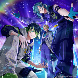  3boys ahoge aqua_hair arm_up bandana_around_thigh beckoning belt black_belt black_hair black_jacket black_nails black_pants black_sweater black_vest blonde_hair blue_gloves commentary_request copyright_notice dark-skinned_male dark_skin disney_sparklink_stars drawstring ear_cuffs ear_piercing earrings fingerless_gloves fingernails from_below full_moon gloves green_eyes green_nails grey_hair grey_pants grey_shirt grin hair_over_one_eye hand_in_pocket headphones hidden_mickey highres hood hood_down hooded_shirt horns jacket jewelry laughta_vox leaning_forward light_frown light_particles light_rays long_hair long_sleeves looking_at_viewer male_focus moon multicolored_hair multiple_arm_straps multiple_boys necklace noah_slugger official_art on_one_knee open_clothes open_door open_jacket outstretched_arms pants piercing promotional_art purple_hair purple_pants purple_shirt reaching reaching_towards_viewer red-tinted_eyewear ring sharp_fingernails sharp_teeth shirt shoes short_hair shu_ayakashi single_sleeve smile sneakers sparkle spiked_necklace sunglasses sweater teeth tinted_eyewear turtleneck turtleneck_sweater two-tone_hair undershirt v-shaped_eyebrows vest white_jacket yellow_eyes zipper 