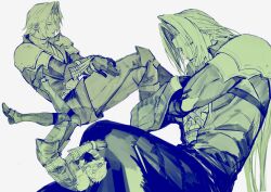  1boy aged_down armor closed_eyes closed_mouth coat commentary crossed_arms final_fantasy final_fantasy_vii final_fantasy_vii:_ever_crisis from_side gloves grey_background highres long_hair male_focus moyashi_san4 multiple_views pants ribbed_sweater sephiroth sephiroth_(ever_crisis) short_hair shoulder_armor sitting sleeping sweater turtleneck turtleneck_sweater untranslatable_commentary 