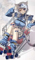  1girl :q absurdres alternate_costume animal_ear_fluff animal_ears apron bandaid bandaid_on_knee bandaid_on_leg blue_eyes blue_jacket blue_leg_warmers blue_skirt blush braid breasts cat_ears cat_girl cat_tail chest_harness cipher_(honkai:_star_rail) closed_mouth commentary detached_sleeves dotted_background fingernails grey_hair hair_intakes hair_ornament harness highres honkai:_star_rail honkai_(series) in_shopping_cart jacket jersey_maid leg_warmers long_fingernails long_sleeves looking_at_viewer maid maid_headdress medium_breasts miniskirt nail_polish oekakidekinai1 one_eye_closed roller_skates shoes shopping_cart short_hair_with_long_locks sitting skates skirt solo tail tenshi_kaiwai tongue tongue_out track_jacket unconventional_maid v v_over_head waist_apron white_apron x_hair_ornament yellow_nails zipper zipper_pull_tab zoom_layer 