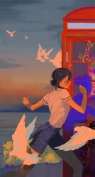  1girl animal bird black_hair blue_shorts chainsaw_man clouds commentary_request dove evening feet_out_of_frame flock from_side gradient_sky highres horizon open_mouth outdoors phone_booth profile reze_(chainsaw_man) running shadow shirt shirt_tucked_in short_hair short_sleeves shorts sky solo sunlight white_bird white_shirt yangsansui 