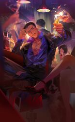  2boys 3girls absurdres alcohol bar_(place) belt black_belt black_hair black_jacket black_pants black_shoes black_socks blue_shirt blurry ceiling_light champagne_flute closed_mouth cup depth_of_field dog drinking_glass elbow_rest facial_hair figure_four_sitting highres indoors jacket jewelry jishikou looking_at_viewer meitantei_conan mouri_kogoro multiple_boys multiple_girls mustache necklace on_stool open_clothes open_jacket pants partially_unbuttoned people shirt shoes short_hair sitting socks solo_focus spilling stool toasting_(gesture) very_short_hair 