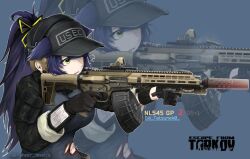  1girl aiming animal_ears arknights assault_rifle baseball_cap black_gloves blue_shirt breasts cat_ears cat_girl crossover custom_guns_nl545 drum_magazine earpiece ears_through_headwear escape_from_tarkov extra_ears gloves green_eyes gun hat high_ponytail holding holding_gun holding_weapon impossible_clothes impossible_shirt injury jessica_(arknights) jessica_the_liberated_(arknights) large_breasts magazine_(weapon) muzzle_device open_mouth optical_sight panzi_panzer ponytail pouch rifle shirt solo stitches weapon zoom_layer 