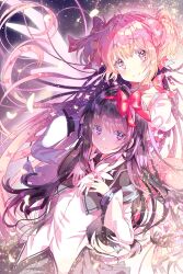  2girls akemi_homura arms_around_neck black_hair black_skirt bow collarbone commentary dress hair_bow hair_ornament highres hug hug_from_behind kaname_madoka kaname_madoka_(magical_girl) long_hair long_sleeves magical_girl mahou_shoujo_madoka_magica mahou_shoujo_madoka_magica_(anime) mitakihara_school_uniform multiple_girls pink_eyes pink_hair pleated_skirt puffy_short_sleeves puffy_sleeves red_bow ribbon sakuya_no_aotori school_uniform shirt short_hair short_sleeves short_twintails skirt smile sparkle star_(sky) twintails untranslatable_commentary violet_eyes white_dress white_shirt white_wings wings 