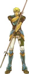  1boy armor blonde_hair blue_armor cormag_(fire_emblem) fingerless_gloves fire_emblem fire_emblem:_the_sacred_stones full_body gloves highres holding holding_polearm holding_weapon leg_armor looking_at_viewer official_art pants polearm scar scar_on_face serious short_hair short_sleeves shoulder_armor solo transparent_background wada_sachiko weapon white_pants 