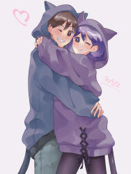  1boy 1girl alternate_eye_color alternate_hair_color bilingual_commentary black_eyes black_pantyhose brown_eyes brown_hair closed_mouth commentary dark-skinned_male dark_skin dated english_commentary fake_tail grey_pants grin highres hood hood_up hoodie hug long_hair long_sleeves looking_at_viewer mari_(faraway)_(omori) mari_(omori) maromichan mixed-language_commentary omori one_eye_closed pants pantyhose purple_hair simple_background smile sunny_(omori) tail teeth white_background 