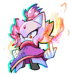  1girl animal_ears blaze_the_cat cat_ears cat_girl clenched_hand cloak commentary english_commentary eyelashes fire forehead_jewel furry furry_female gloves looking_at_viewer outcome_memories purple_cloak purple_fur pyrokinesis red_scarf roblox scarf solo sonic.exe sonic_(series) white_background white_gloves yellow_eyes zeeorsomething 