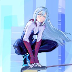  1girl alternate_costume blue_background blue_eyes bodysuit breasts building closed_mouth east-west_crossover fearless-emu-9873 full_body hair_between_eyes highres hood hooded_bodysuit lamppost long_hair long_hair_between_eyes long_sleeves looking_at_viewer multicolored_bodysuit project_sekai red_hood small_breasts solo spider-gwen straight_hair thighs very_long_hair white_hair yoisaki_kanade 