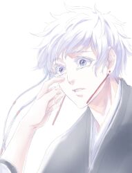  2girls anno_im bleach blue_eyes clenched_teeth commentary_request crying earrings highres japanese_clothes jewelry kotetsu_isane multiple_girls parted_lips shihakusho short_hair_with_long_locks tears teeth unohana_retsu white_hair wiping_another's_tears wiping_tears 