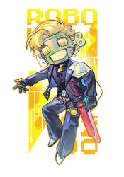  1boy arm_up belt belt_buckle black_jacket black_pants black_vest blonde_hair blue_shirt buckle character_name commentary full_body grin guanzi_yoo guilty_gear guilty_gear_strive highres holstered humanoid_robot jacket lapels long_sleeves male_focus necktie notched_lapels outstretched_arm pants robo-ky robot shirt shoes short_hair smile solo suit_jacket sword very_short_hair vest weapon white_background white_shoes yellow_belt yellow_eyes yellow_necktie 