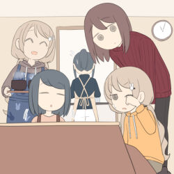  5girls :d ^_^ animal_print apron black_hair black_shirt blue_apron brown_apron brown_hair brown_hoodie clock closed_eyes closed_mouth flying_sweatdrops hair_ornament hairclip hand_up hood hood_down hoodie indoors juukyuu kiyosumi_mashiro_(juukyuu) kiyosumi_mayuki_(juukyuu) kotatsu long_hair low_twintails maki_(juukyuu) manami's_mother_(juukyuu) manami_(juukyuu) mother_and_child mother_and_daughter multiple_girls orange_hoodie original pants parent_and_child parted_lips pink_shirt ponytail print_apron rabbit_hair_ornament rabbit_print red_sweater ribbed_sweater rubbing_eyes shirt small_sweatdrop smile solid_circle_eyes sweat sweater table twintails v-shaped_eyebrows very_long_hair wall_clock white_pants 