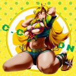  arms_up belt blonde_hair breasts c.c._lemon c.c._lemon_(character) denim denim_shorts feet fishnets flip-flops green_eyes grin large_breasts long_hair nail_polish navel sandals shorts sitting smile solo thick_thighs thighs toes wariza wink yana_(nekoarashi) yellow_nails 