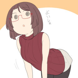  1girl :o bare_arms bare_shoulders black_pantyhose breasts brown_hair glasses grey_shorts juukyuu leaning_forward medium_breasts nanako_(juukyuu) orange_background original pantyhose pantyhose_under_shorts parted_lips red-framed_eyewear red_sweater ribbed_sweater semi-rimless_eyewear short_shorts shorts sleeveless sleeveless_sweater sleeveless_turtleneck solid_circle_eyes solo sweater translation_request turtleneck turtleneck_sweater two-tone_background under-rim_eyewear white_background 