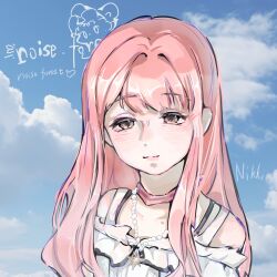 1girl bare_shoulders bead_necklace beads blue_sky blush bow bow_choker bowtie bra_strap brown_eyes center_frills character_name chinese_commentary choker closed_mouth clouds commentary_request day eyelashes frills hair_intakes hair_undone highres infinity_nikki jewelry light_smile lipstick long_hair long_sidelocks long_sleeves looking_at_viewer makeup necklace nikki_(nikki) nikki_(series) noifer._nuo off-shoulder_shirt off_shoulder outdoors perfect_start_(infinity_nikki) photo_background pink_bow pink_bowtie pink_choker pink_hair pink_lips shirt sidelocks signature single_stripe sky solo star_(symbol) star_necklace striped_choker upper_body very_long_hair watermark wavy_hair white_shirt 