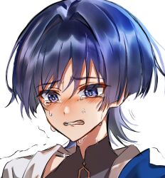  1boy black_bodysuit black_hair blue_cape blue_hair blunt_ends bodysuit cape clenched_teeth commentary_request crying crying_with_eyes_open genshin_impact grey_pupils hair_intakes highres japanese_clothes kasakasa816 kimono looking_down male_focus mandarin_collar portrait scaramouche_(genshin_impact) shoulder_peek side_cape solo tears teeth trembling violet_eyes wanderer_(genshin_impact) wavy_eyes white_background white_kimono wispy_bangs wolf_cut 