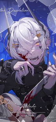  1girl absurdres blood blood_on_knife broken_glass commentary dingzi ear_piercing earrings eyepatch glass highres holding holding_knife horns jewelry knife medical_eyepatch open_mouth original piercing ring short_hair solo stuffed_toy tongue_piercing white_hair 