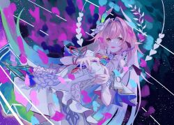  1girl breasts commentary cyrene_(demiurge)_(honkai:_star_rail) cyrene_(honkai:_star_rail) diamond-shaped_pupils diamond_(shape) dress flower four-finger_heart_hands hair_flower hair_ornament halo heart heart_hands highres honkai:_star_rail honkai_(series) long_hair medium_breasts multicolored_hair parted_lips pink_hair pointy_ears sky smile solo star_(sky) starry_sky symbol-shaped_pupils two-tone_hair un_sosp1ro very_long_hair violet_eyes white_dress white_hair 