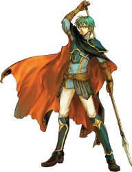  1boy armor belt blue_armor blue_eyes blue_hair brown_belt brown_gloves ephraim_(fire_emblem) fire_emblem fire_emblem:_the_sacred_stones full_body gloves holding holding_polearm holding_weapon leg_armor long_sleeves looking_at_viewer official_art pants polearm short_hair shoulder_armor solo transparent_background wada_sachiko weapon white_pants 