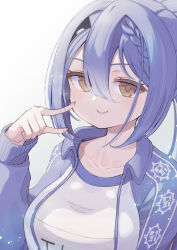  >:) 1girl absurdres aogiri_koukou blue_background blue_hair blue_jacket blush braid braided_bangs breasts commentary_request double-parted_bangs etra_(icetea) fingernails gorirasaru440 gradient_background gradient_hair hair_intakes hair_ornament highres jacket large_breasts long_hair long_sleeves looking_at_viewer multicolored_hair official_alternate_costume open_clothes open_jacket pointing pointing_at_self ponytail shirt simple_background solo track_jacket triangle_hair_ornament tsurime upper_body v-shaped_eyebrows very_long_hair virtual_youtuber white_shirt yellow_eyes 