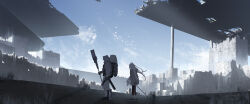  1girl 1other absurdres backpack bag bird black_pants clouds commentary_request from_side grey_jacket highres holding holding_knife holding_stick hood hooded_jacket jacket kani_etizen03 knife long_hair original pants ruins scenery sky standing stick sunlight walking white_hair white_pants wide_shot 