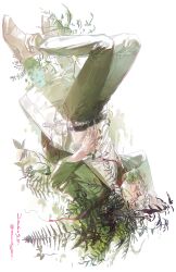  1boy absurdres artist_name belt brown_shoes danganronpa_(series) danganronpa_2:_goodbye_despair fern green_hoodie green_jacket green_pants grey_hair hair_between_eyes hand_up highres hood hoodie jacket komaeda_nagito long_sleeves lying male_focus medium_hair messy_hair on_back open_clothes open_jacket pants pink_eyes plant print_shirt shirt shoes signature solo solo_focus tttti_(tttinpc) wallet_chain white_shirt 