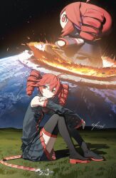  ahoge arms_on_knees artist_name bare_shoulders black_boots black_shirt black_skirt black_sleeves boots breast_pocket buttons closed_mouth detached_sleeves dot_nose double-parted_bangs drill_hair fatass_teto_(meme) hair_between_eyes hand_on_own_shoulder headset highres kasane_teto kasane_teto_(utau) kieed looking_at_viewer meme pleated_skirt pocket red_eyes red_hair red_trim shirt sidelocks sitting skirt sleeveless sleeveless_shirt star_(sky) star_(symbol) thigh_boots twin_drills twitter_username utau zettai_ryouiki 