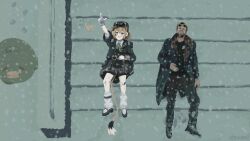  1girl absurdres ahoge blonde_hair blue_overalls bubbles_(dooby) buruhas dooby dooby_(1st_costume) gloves goggles goggles_on_headwear green_eyes hat highres indie_virtual_youtuber kippu_(dooby) looking_up mouse_tail multicolored_hair open_mouth overalls pointing pointing_up potato ryan_gosling shirt short_hair smile snowing stairs streaked_hair tail tail_tuft virtual_youtuber white_gloves white_shirt 