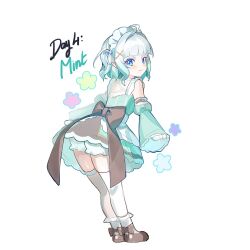  1girl ahoge airheadmei aqua_hair backless_outfit blue_bow blue_eyes blunt_bangs blush bow brown_bow character_name closed_mouth detached_sleeves dress english_text flower from_behind full_body hair_between_eyes hair_bow hair_intakes hair_ornament hairclip highres indie_virtual_youtuber leaning_forward long_sleeves looking_back maid_headdress mint_fantome multicolored_hair pale_skin pointy_ears short_hair short_side_ponytail shorts side_ponytail sketch sleeves_past_wrists smile thigh-highs white_background white_hair white_shorts white_thighhighs wide_sleeves 