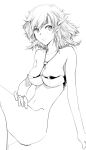  arm_support bare_shoulders bikini_top breasts cleavage copyright_request kaku_(artist) looking_at_viewer monochrome navel pointy_ears short_hair sitting sketch slit_pupils solo 