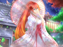  1girl absurdres aqua_eyes architecture artist_name autumn_leaves blonde_streaks bow breasts commentary_request double-parted_bangs east_asian_architecture eiyuu_densetsu falling_leaves floating_hair floral_print floral_print_kimono gradient_hair hair_between_eyes hand_on_own_cheek hand_on_own_face high_ponytail highres holding holding_umbrella japanese_clothes judith_lanster kimono kuro_no_kiseki_(series) leaf lichtsstar long_hair long_sleeves medium_breasts multicolored_hair night oil-paper_umbrella outdoors pink_hair pink_kimono ponytail print_kimono solo star_(sky) streaked_hair twitter_username two-tone_hair umbrella upper_body very_long_hair waist_bow wide_sleeves 