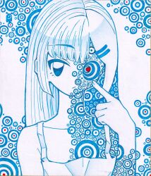  1girl absurdres artist_logo blue_theme circle closed_mouth collarbone commentary hair_ornament hairclip hand_up heterochromia highres iigudaguda1122 index_finger_raised logo long_hair looking_at_viewer original parallel_hairclips pointing pointing_at_self red_eyes solo split_theme spot_color tank_top traditional_media upper_body 